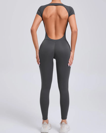 Women's Padded Short Sleeve One-Piece Jumpsuit - Quick-Dry, Backless Sports Suit for Active Fitness