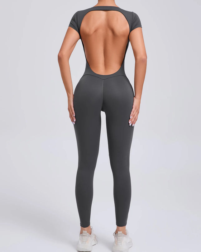Women's Padded Short Sleeve One-Piece Jumpsuit - Quick-Dry, Backless Sports Suit for Active Fitness