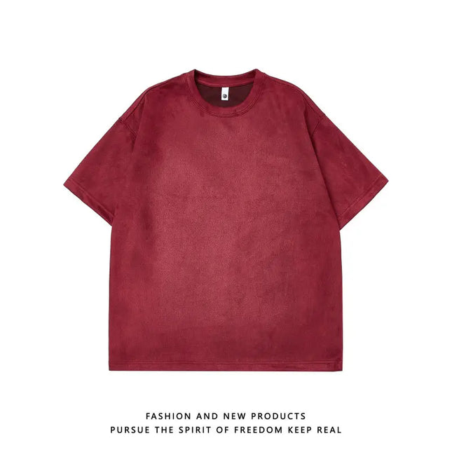 Men's Oversized Faux Suede Short Sleeve T-Shirt with Round Neck