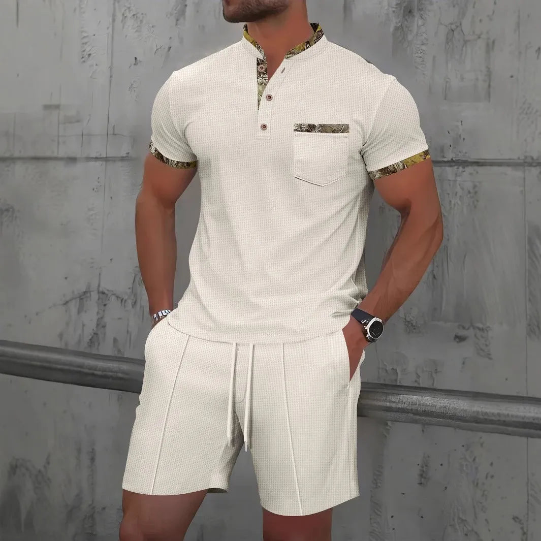 Men's Two-Piece Zip-Up Lapel T-Shirt and Shorts Set - Casual Summer Activewear