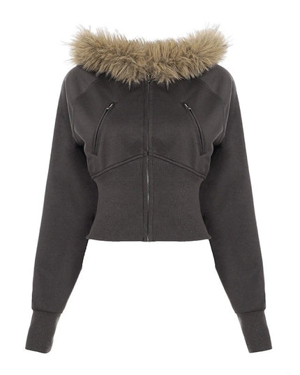 Women's Cropped Hooded Jacket with Faux Fur Trim, Fitted Style, Long Sleeves, and Zipper Closure