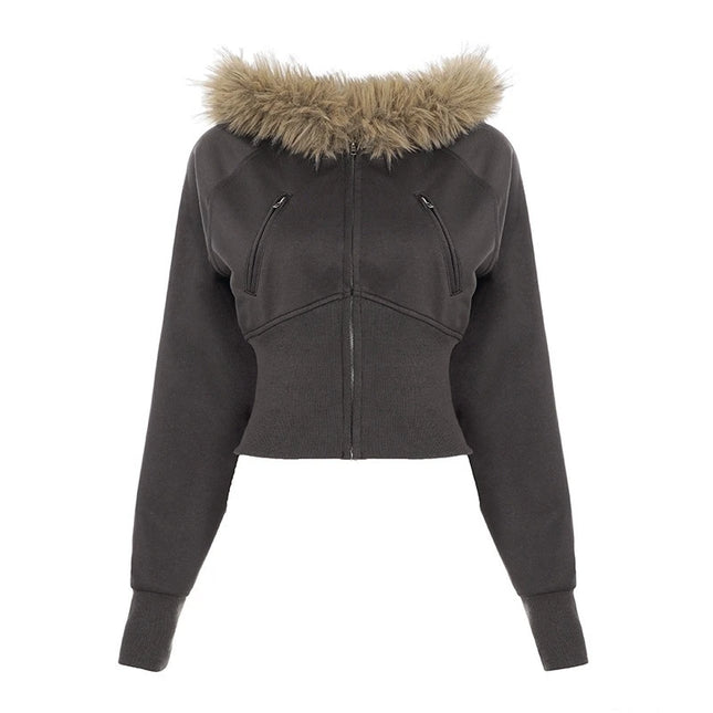 Women's Cropped Hooded Jacket with Faux Fur Trim, Fitted Style, Long Sleeves, and Zipper Closure