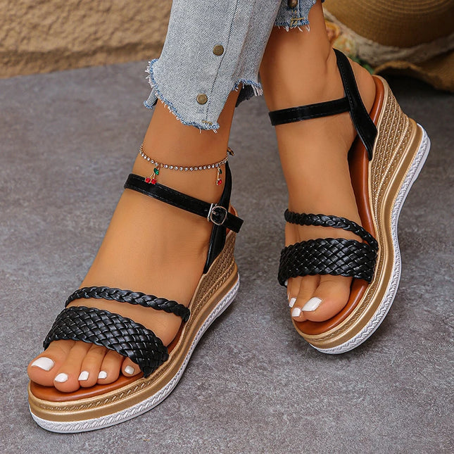 Women's Braided Wedge Sandals - Lightweight Platform Shoes with Buckle Strap