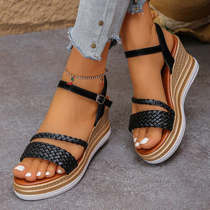 Women's Braided Wedge Sandals - Lightweight Platform Shoes with Buckle Strap