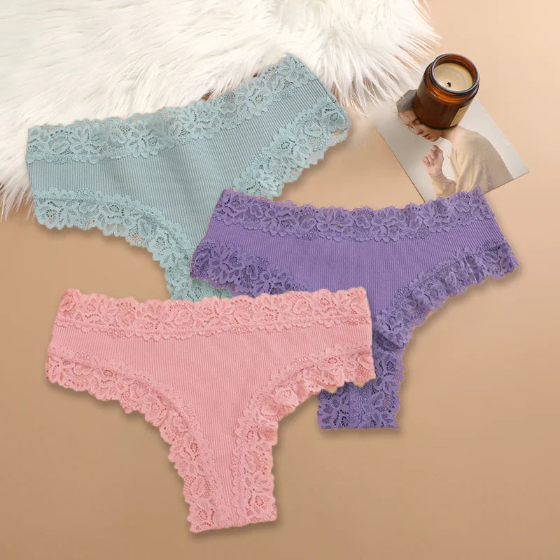 Set of 3 Women's Cotton Lace Panties - Floral Print & Trendy Patchwork Briefs