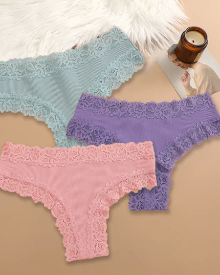 Set of 3 Women's Cotton Lace Panties - Floral Print & Trendy Patchwork Briefs