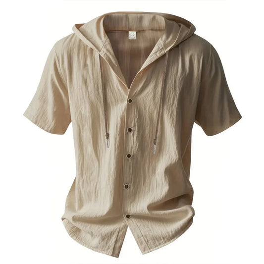 Men's Cotton Linen Hooded Short Sleeve Shirt - Breathable, Lightweight