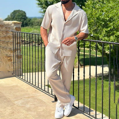 Men's Casual Two-Piece Set - Loose Fit Button-Open Shirt & Breathable, Lightweight Pants