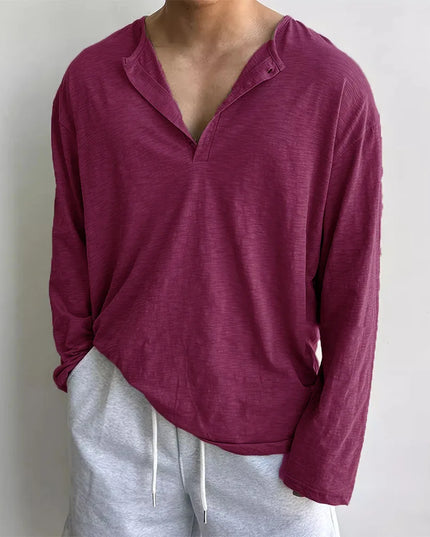 Cotton Men's Long Sleeve Loose Fit Sweater with Quarter Button Closure