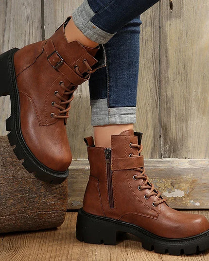 Women’s Chunky Heel Belt Buckle Boots with Lace-Up Design