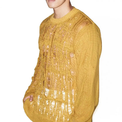 Men's Hollow-Out Mesh Knit Crew Neck Long Sleeve Sweater