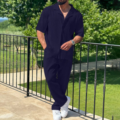 Men's Casual Two-Piece Set - Loose Fit Button-Open Shirt & Breathable, Lightweight Pants