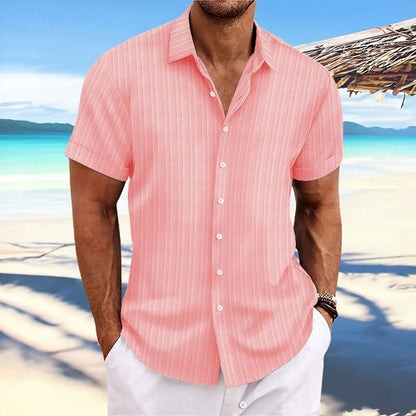 Men's Short-Sleeved Button-Up Shirt with Jacquard Wave Stripe Design