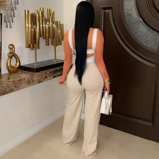 Stylish Women's Two-Piece Suspender Jumpsuit & Wide-Leg Long Pants Set