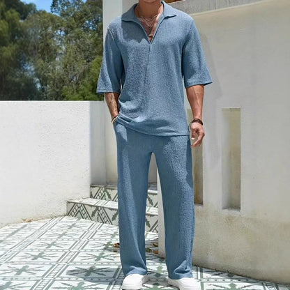 Men's Two-Piece Classic Shirt and Loose-Fit Pants Set.