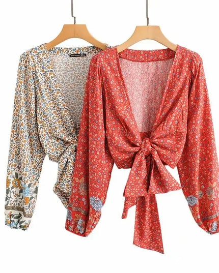 Women’s Floral Print Rayon Bohemian Blouse Shirt - Loose Fit Crop Top