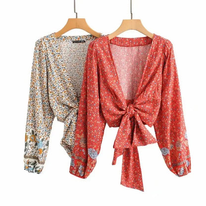 Women’s Floral Print Rayon Bohemian Blouse Shirt - Loose Fit Crop Top
