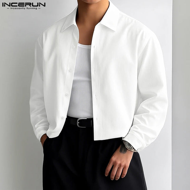 Incerun Men's Long Sleeve Lapel Shirt with Button Closure