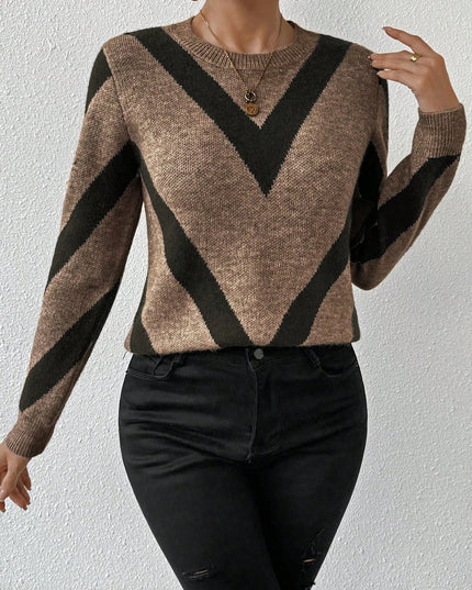 Women's Geometric Pattern Round Neck Long-Sleeved Knitted Sweater