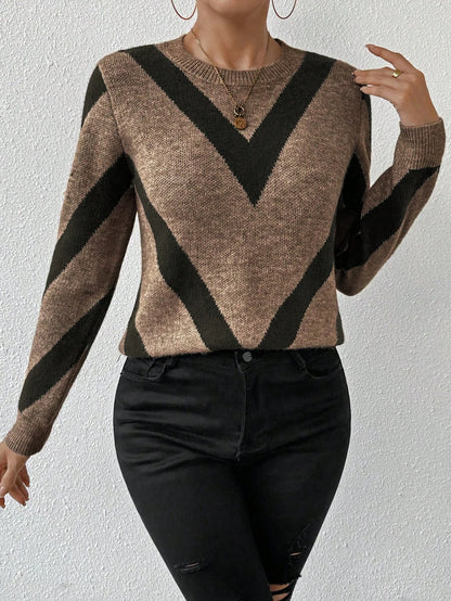 Women's Geometric Pattern Round Neck Long-Sleeved Knitted Sweater