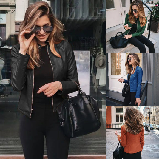 Women’s Stand Collar Faux Leather Jacket - Various Colors