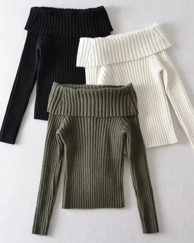 Off-the-Shoulder Knitted Pullover Sweater - Full Sleeve Knitwear for Women