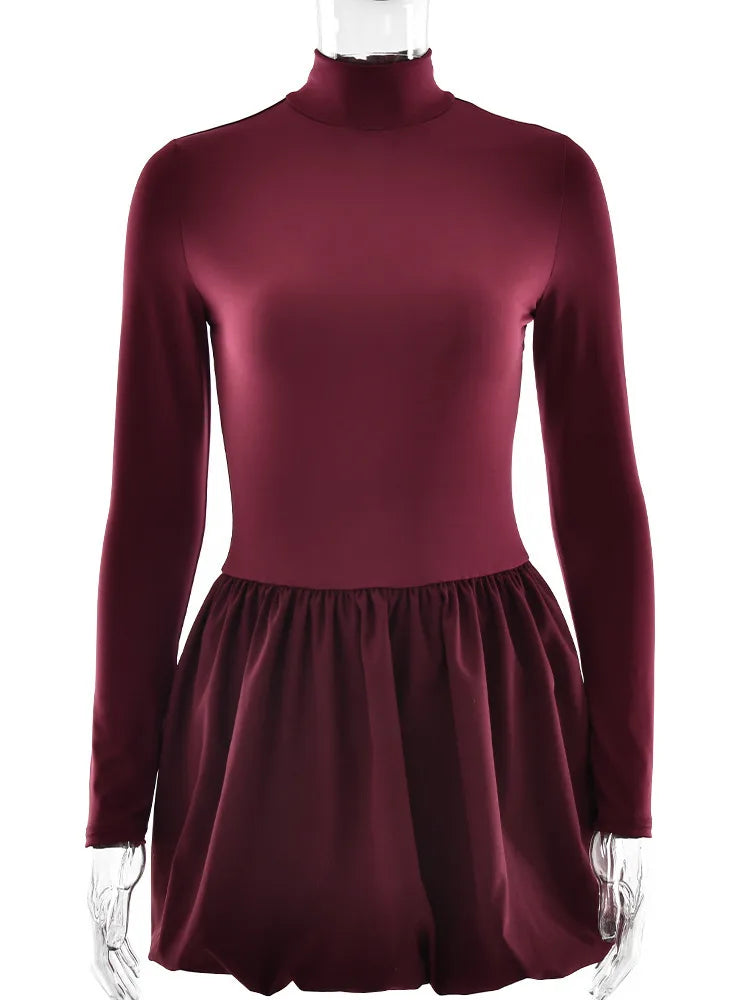 Women's Turtleneck Long Sleeve Mini Dress - Pleated Bodycon Dress