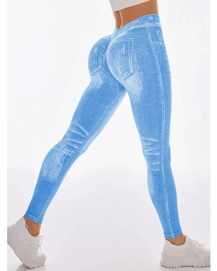 Women’s High-Waisted Seamless Denim-Print Yoga Leggings