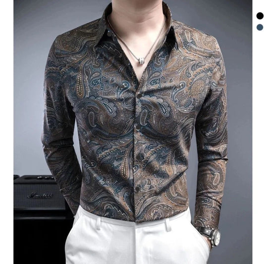 Retro Men's Long Sleeve Shirt – Casual Slim Fit Print Top for Men