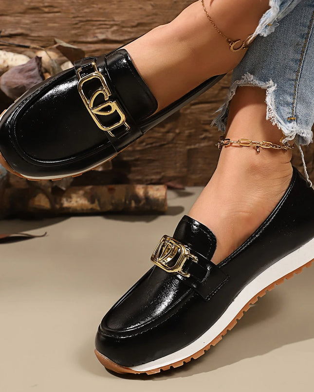 Metal Buckle Faux Leather Women's Flat Heel Shoes