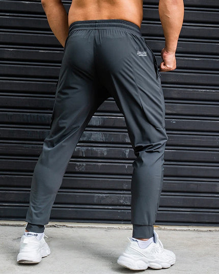 Men's Ice Silk Elastic Breathable Running Pants with Stripes, Quick-Dry, Zip Pocket Sweatpants