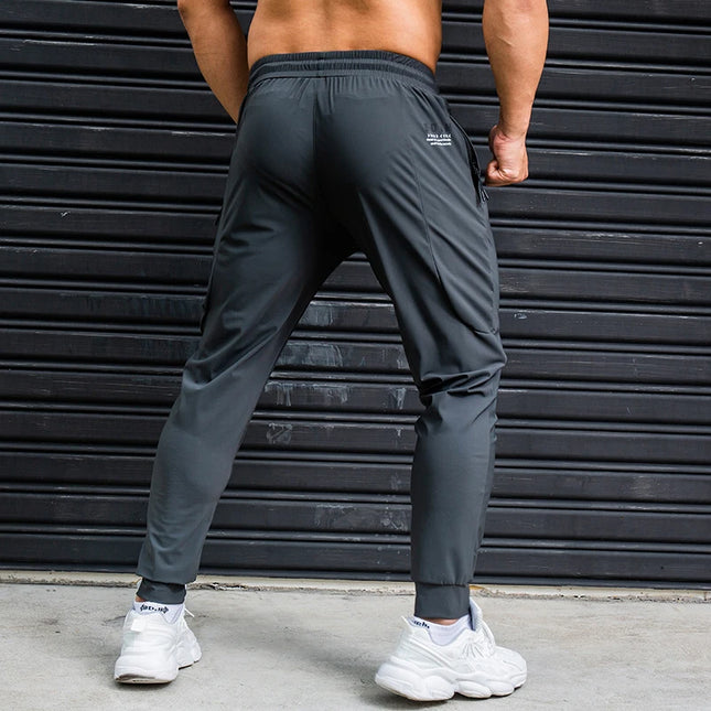 Men's Ice Silk Elastic Breathable Running Pants with Stripes, Quick-Dry, Zip Pocket Sweatpants