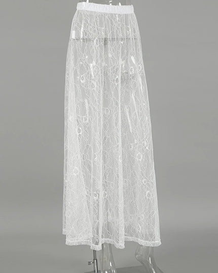 Elegant Jacquard Lace Sheer Maxi Skirt for Women with Elastic Waist and Transparent Design