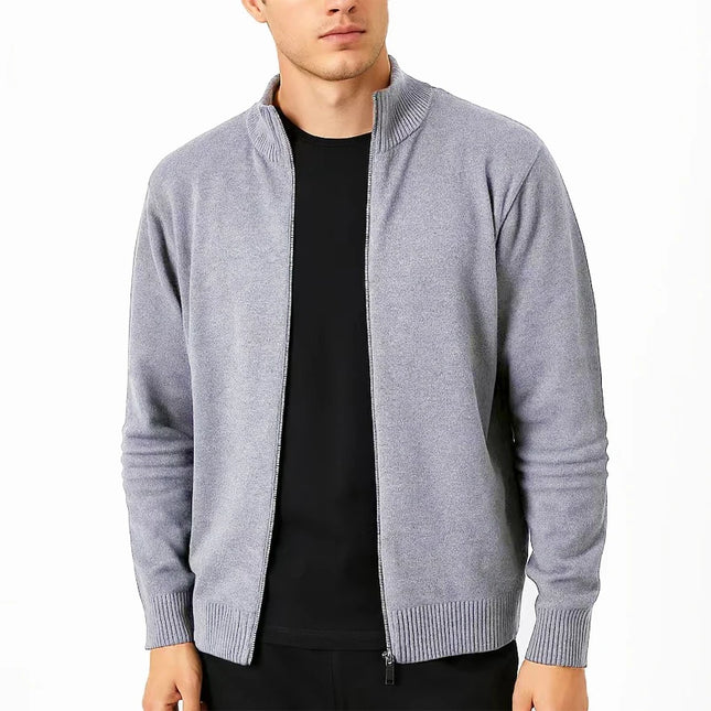 Men's Full-Zip Knitted Sweater Jacket – Slim Fit, Stand Collar