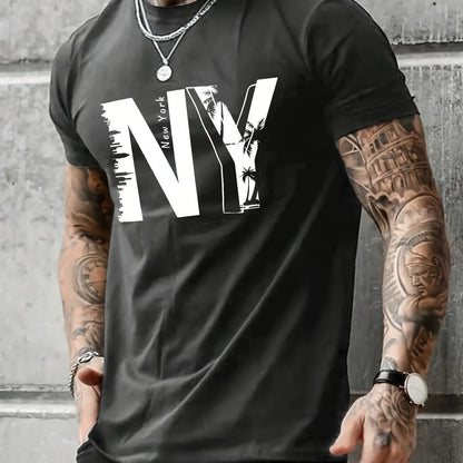 Men's 100% Cotton Casual T-Shirt with NY Letter Print