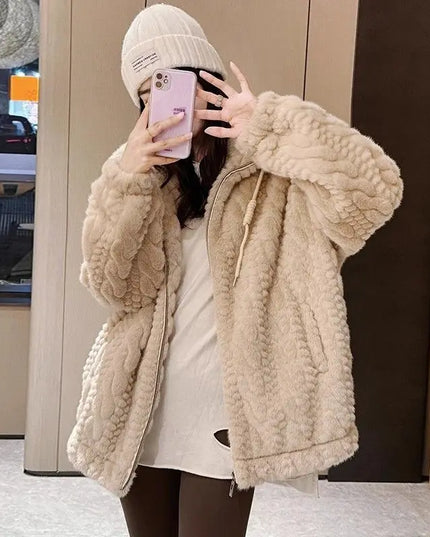 Women's Korean Style Loose Fit Stand Collar Faux Fur Coat