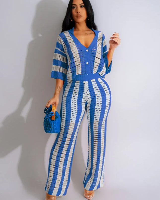 Women's Knitted 2-Piece Set - Short Sleeve Button Top & Loose Crocheted Pants