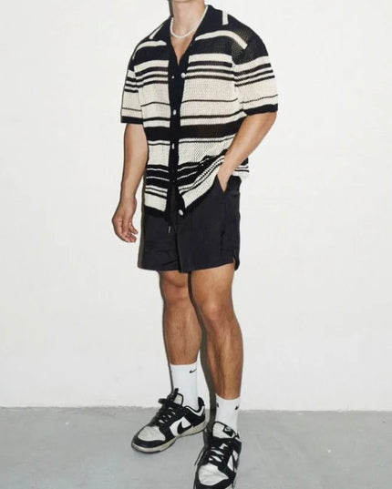 Men's Casual Loose Short-Sleeved Knitted Shirt with Lapel, Hollow-Out Design, and Stripes