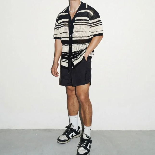 Men's Casual Loose Short-Sleeved Knitted Shirt with Lapel, Hollow-Out Design, and Stripes