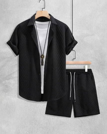 Men's Textured Two-Piece Short Sleeve Shirt and Drawstring Shorts Set