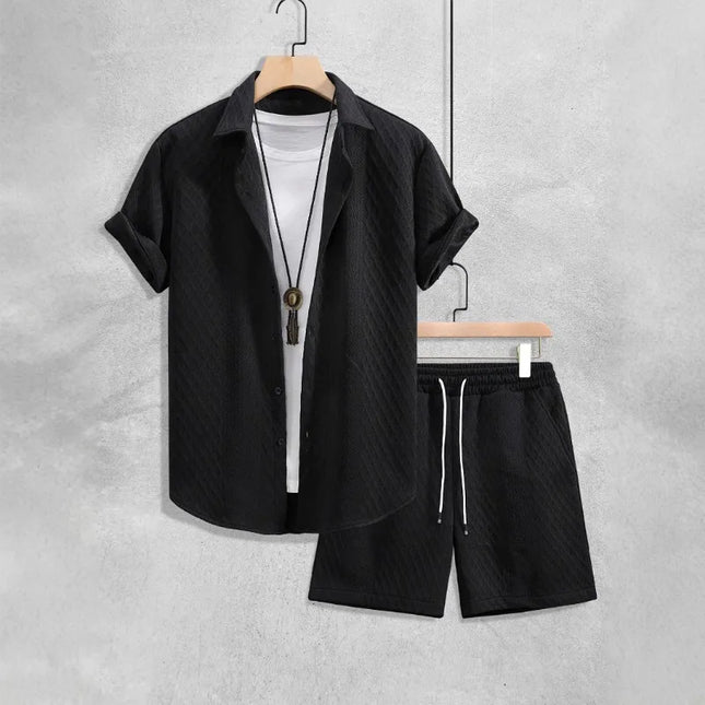 Men's Textured Two-Piece Short Sleeve Shirt and Drawstring Shorts Set