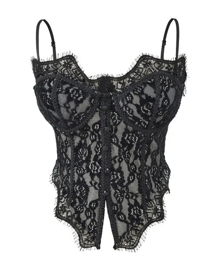 Women's Elegant Sheer Lace Camisole with Sleeveless Fishbone Design