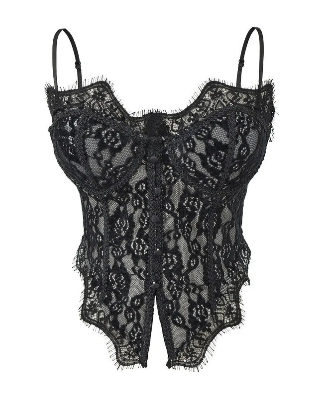 Women's Elegant Sheer Lace Camisole with Sleeveless Fishbone Design