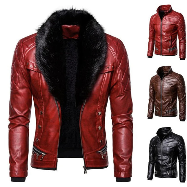 Men's Removable Collar Slim Fit Warm Faux Leather Jacket