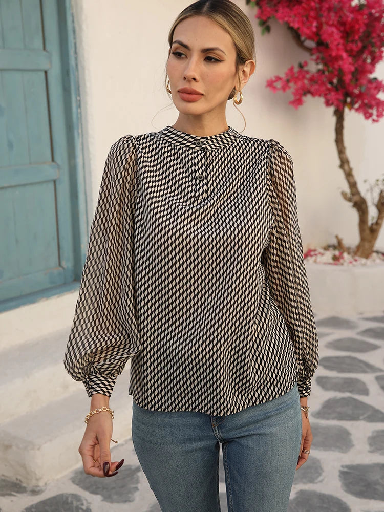 Women's Chiffon Long Sleeve Striped Blouse
