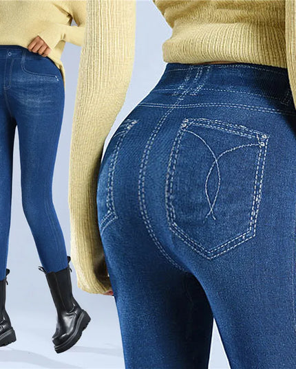 Faux Denim Fleece High-Waisted Pencil Pants for Women