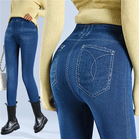 Faux Denim Fleece High-Waisted Pencil Pants for Women