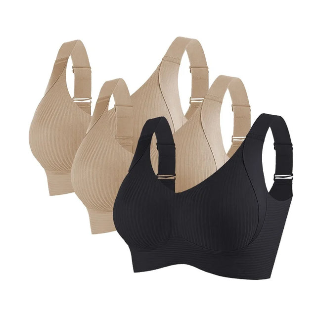 3-Piece Women's Non-Wire Push-Up Bra Set with Seamless Ribbed Design