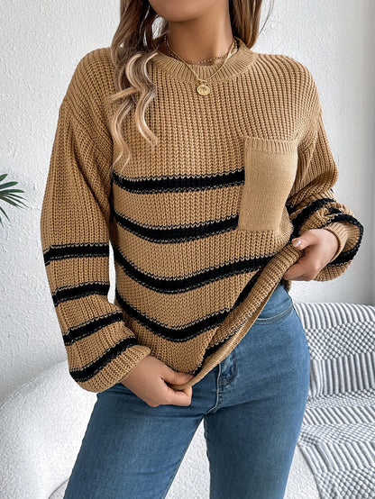 Women's Knit Striped Sweater with Pocket and Round Neck
