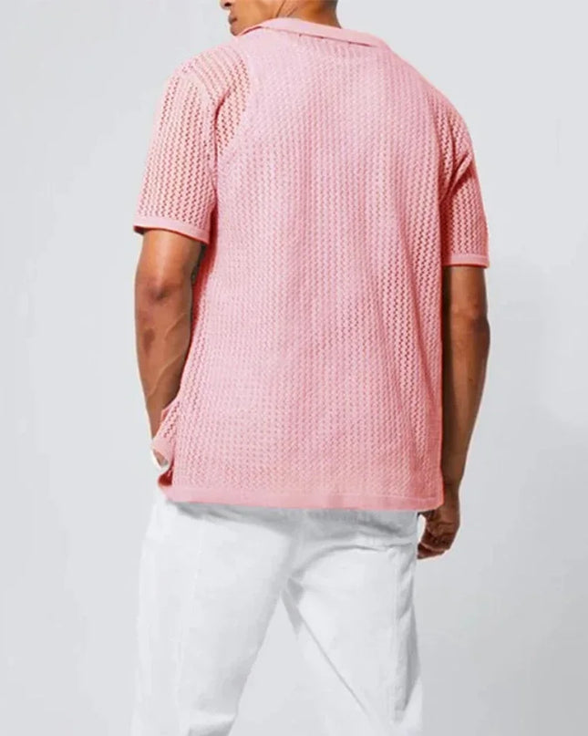 Men's Casual Knitted Shirt with Lapel - Hollow-Out Design - Button Closure